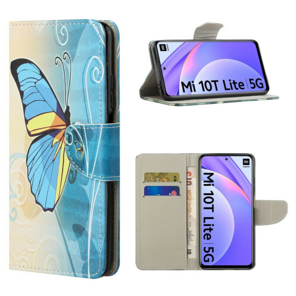 Leren Hoesje voor Xiaomi Mi 10T Lite / Redmi Note 9 Pro 5G Blauwe En Gele Vlinder