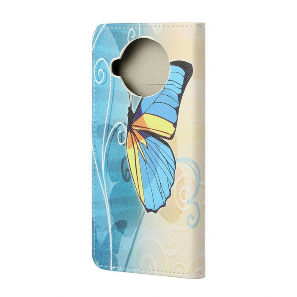 Leren Hoesje voor Xiaomi Mi 10T Lite / Redmi Note 9 Pro 5G Blauwe En Gele Vlinder