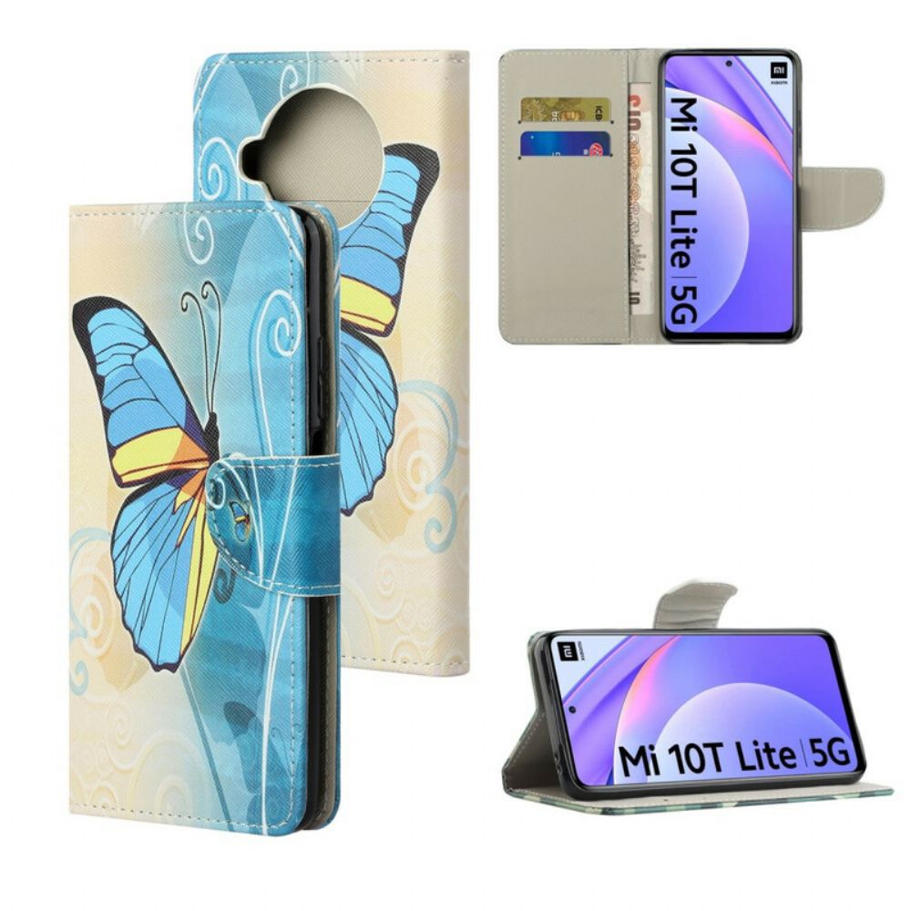 Leren Hoesje voor Xiaomi Mi 10T Lite / Redmi Note 9 Pro 5G Blauwe En Gele Vlinder
