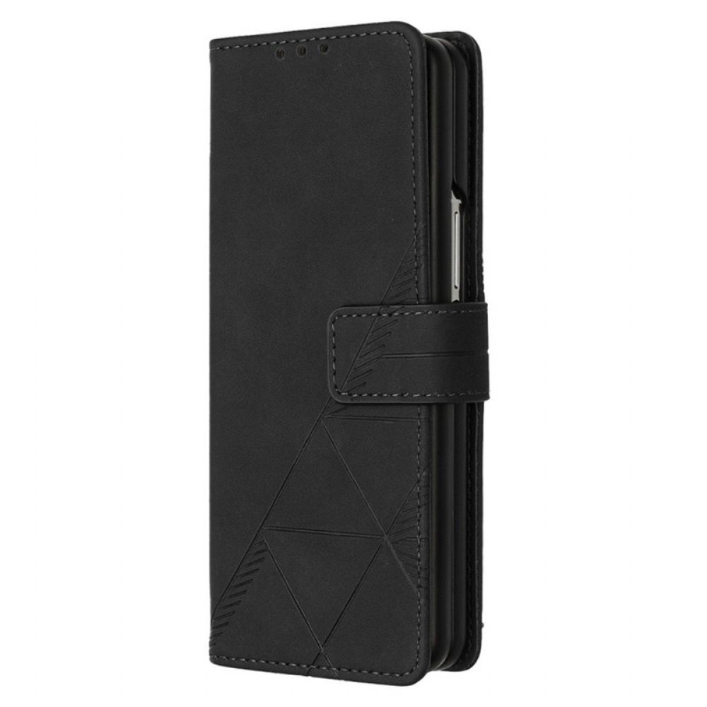 Leren Hoesje Samsung Galaxy Z Fold 5 Driehoekenpatroon Met Schouderband Bescherming Hoesje