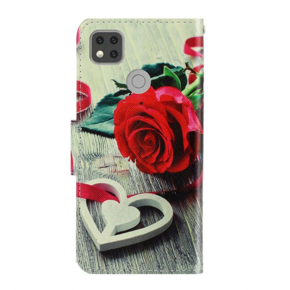 Leren Hoesje voor Xiaomi Redmi 9C Met Ketting Romantische Roos Met Bandjes