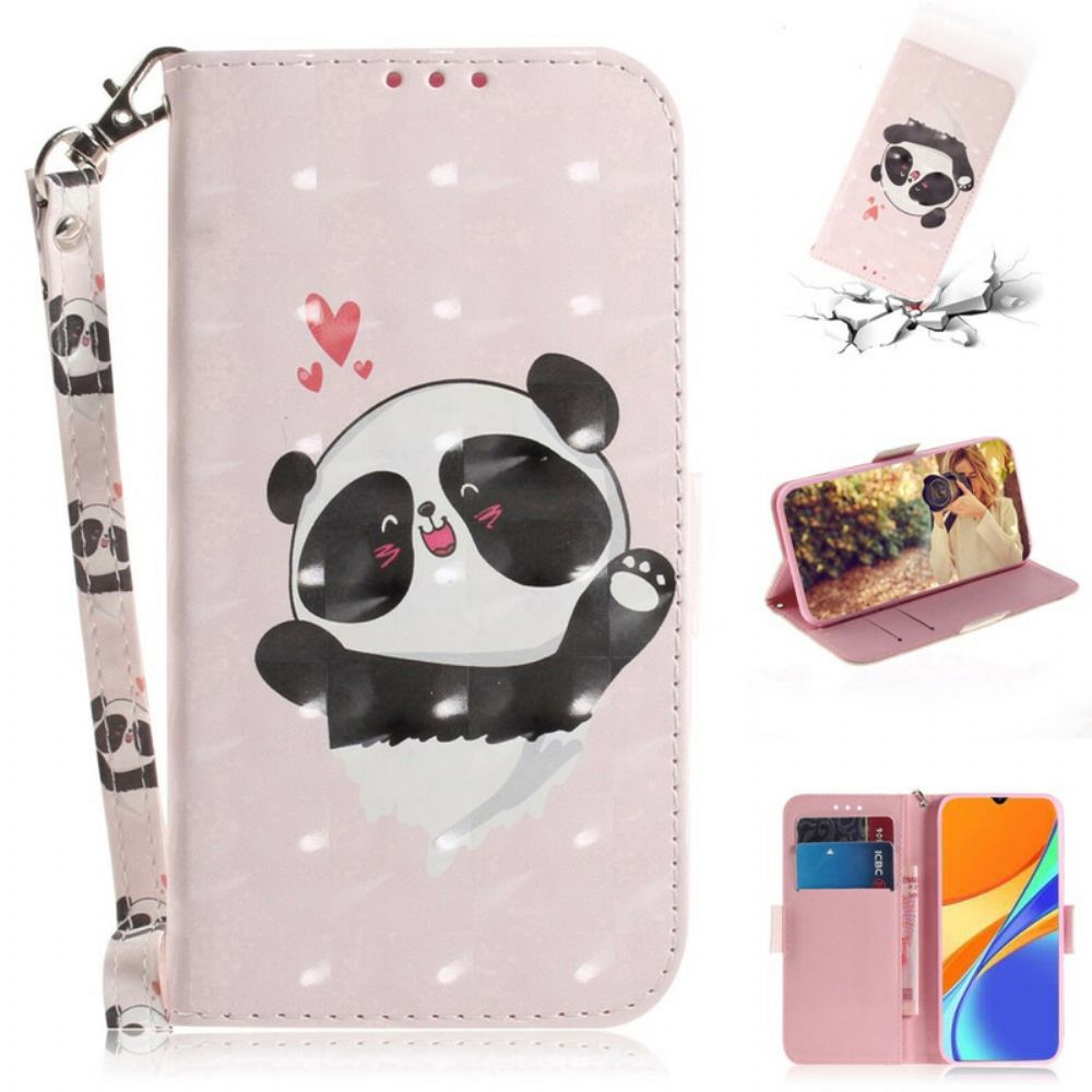 Leren Hoesje voor Xiaomi Redmi 9C Met Ketting Thong Panda Liefde