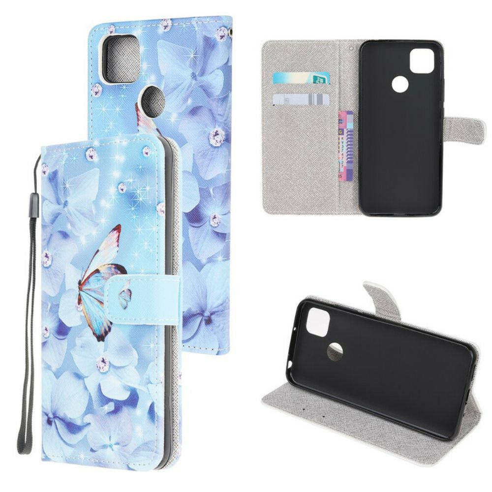 Leren Hoesje voor Xiaomi Redmi 9C Met Ketting Vlinders Met Diamanten Band