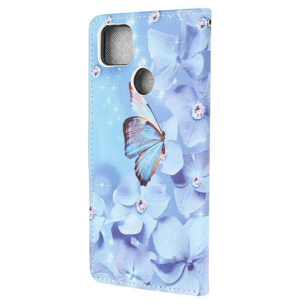 Leren Hoesje voor Xiaomi Redmi 9C Met Ketting Vlinders Met Diamanten Band