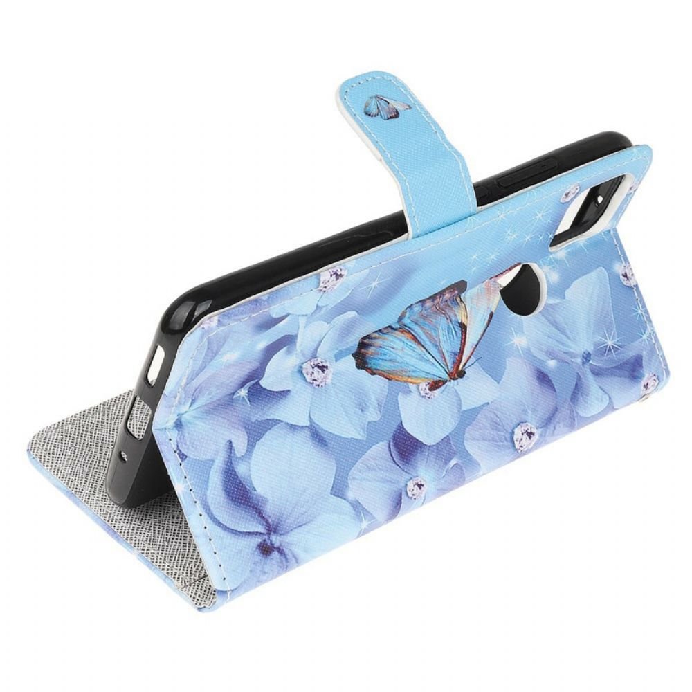 Leren Hoesje voor Xiaomi Redmi 9C Met Ketting Vlinders Met Diamanten Band