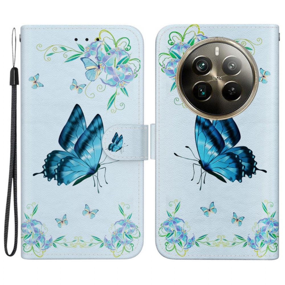 Leren Hoesje Realme 12 Pro / 12 Pro Plus Blauwe Vlinder En Bloemen Met Riempje