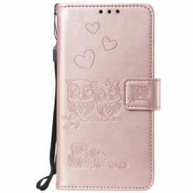 Leren Hoesje voor Xiaomi Redmi Note 8 Met Ketting Liefdevolle Uilen Met Riem