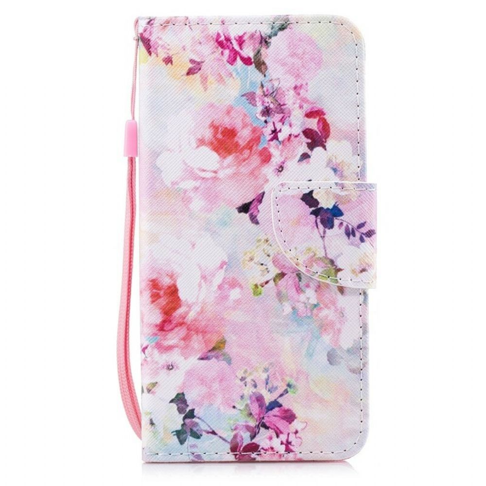 Flip Case voor Huawei P Smart Met Ketting Mooie Band Bloemen