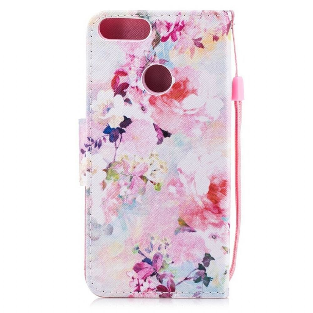Flip Case voor Huawei P Smart Met Ketting Mooie Band Bloemen