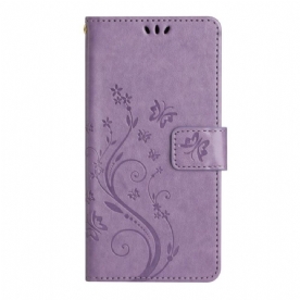 Leren Hoesje voor Samsung Galaxy A54 5G Met Ketting Bloemen En Vlinders Met Riem