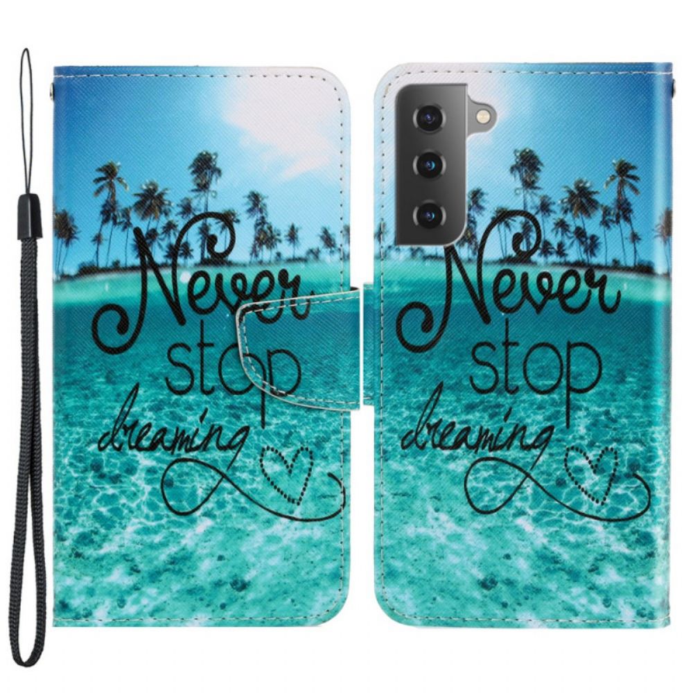 Flip Case voor Samsung Galaxy S22 Plus 5G Met Ketting Stop Nooit Met Dromen Marineblauwe Strappy
