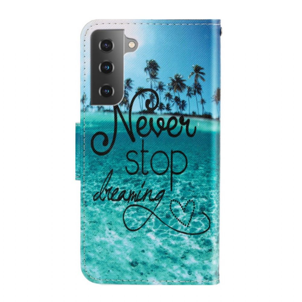 Flip Case voor Samsung Galaxy S22 Plus 5G Met Ketting Stop Nooit Met Dromen Marineblauwe Strappy