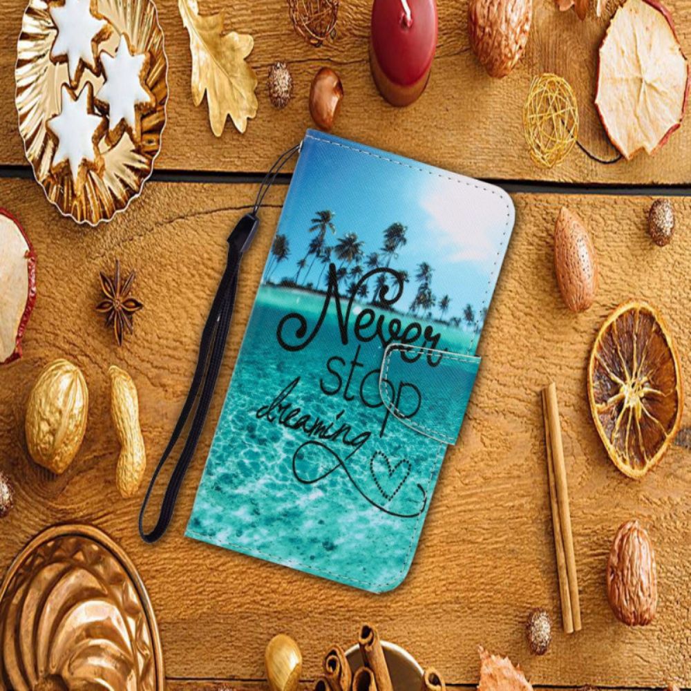 Flip Case voor Samsung Galaxy S22 Plus 5G Met Ketting Stop Nooit Met Dromen Marineblauwe Strappy