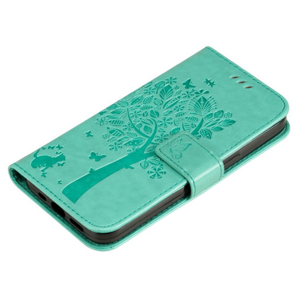 Folio-hoesje voor Samsung Galaxy S22 Plus 5G Met Ketting Boom En Kat Met Bandjes