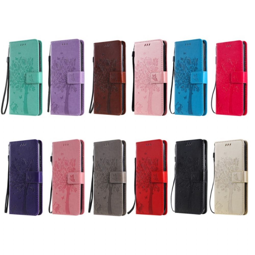 Folio-hoesje voor Samsung Galaxy S22 Plus 5G Met Ketting Boom En Kat Met Bandjes