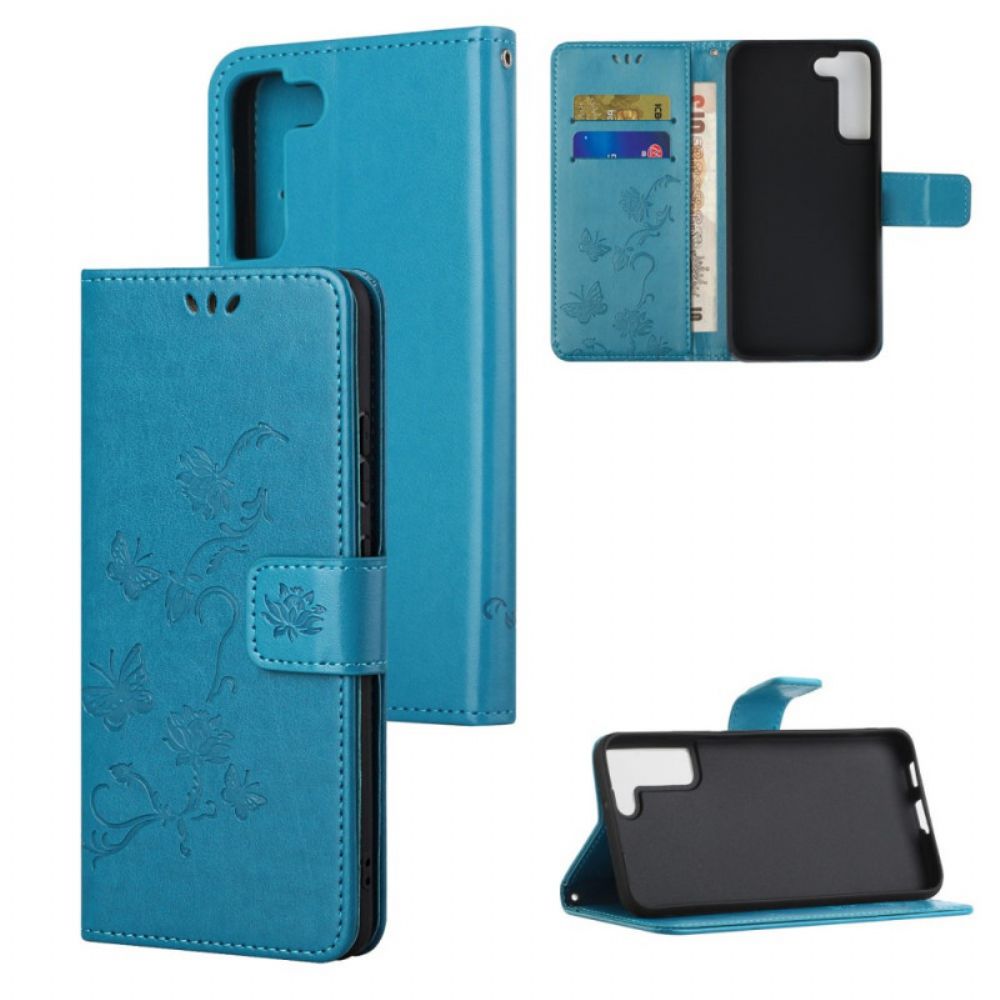 Folio-hoesje voor Samsung Galaxy S22 Plus 5G Met Ketting Thong Vlinders En Bloemen