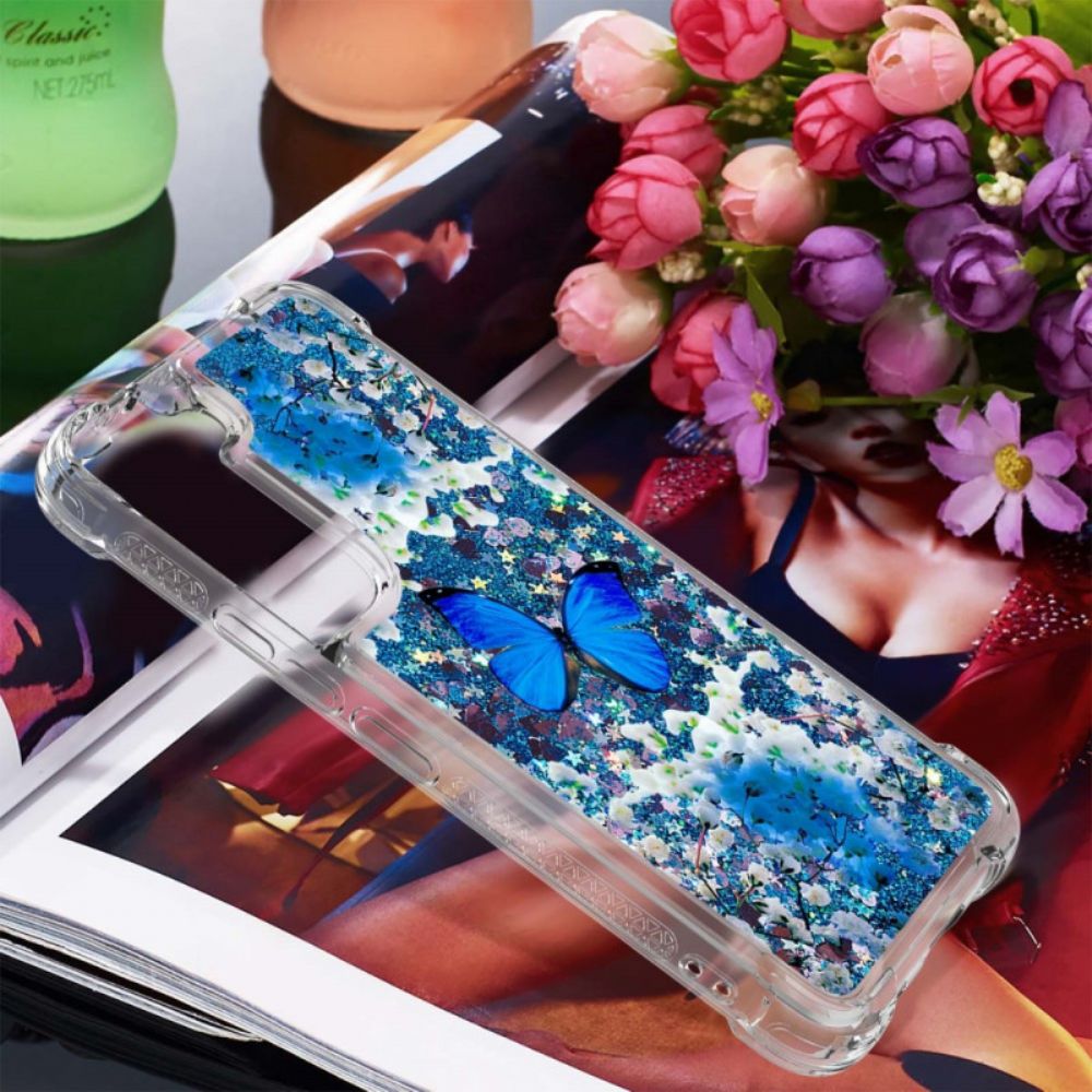 Hoesje voor Samsung Galaxy S22 Plus 5G Blauwe Glittervlinders