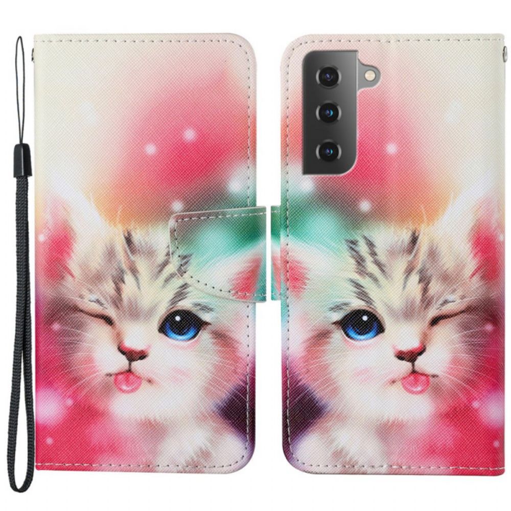 Leren Hoesje voor Samsung Galaxy S22 Plus 5G Koninklijke Kat Met Lanyard