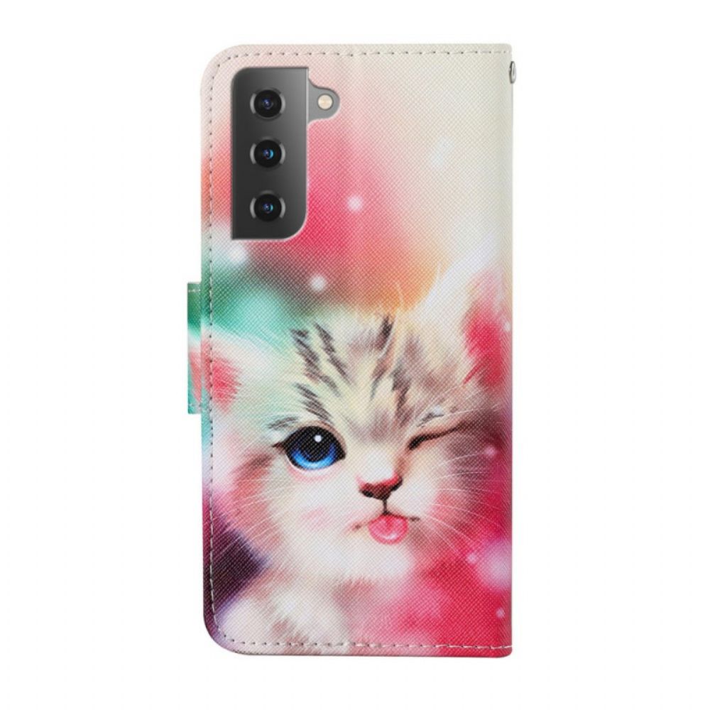 Leren Hoesje voor Samsung Galaxy S22 Plus 5G Koninklijke Kat Met Lanyard