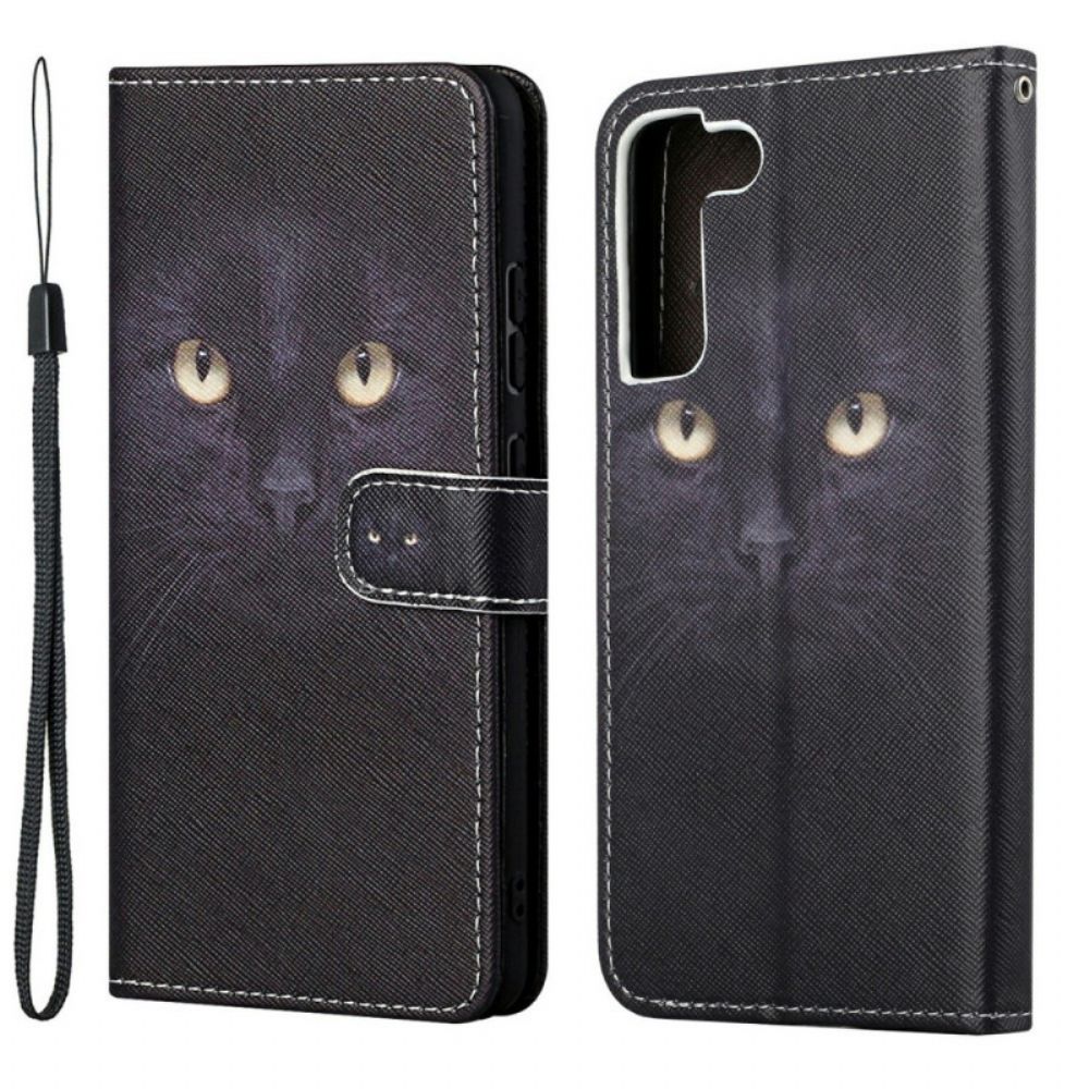 Leren Hoesje voor Samsung Galaxy S22 Plus 5G Met Ketting Zwarte Kattenogen Met Riem