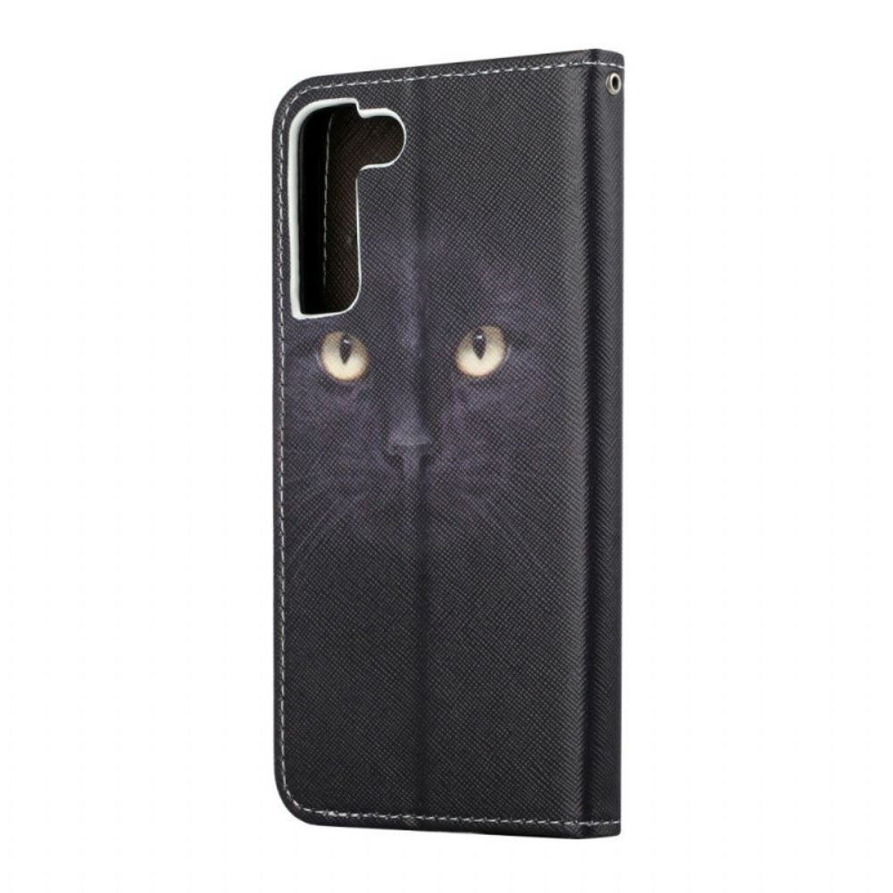 Leren Hoesje voor Samsung Galaxy S22 Plus 5G Met Ketting Zwarte Kattenogen Met Riem