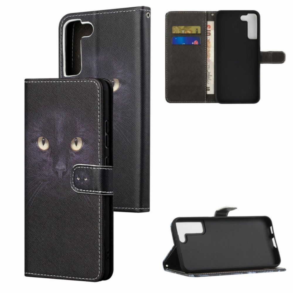 Leren Hoesje voor Samsung Galaxy S22 Plus 5G Met Ketting Zwarte Kattenogen Met Riem