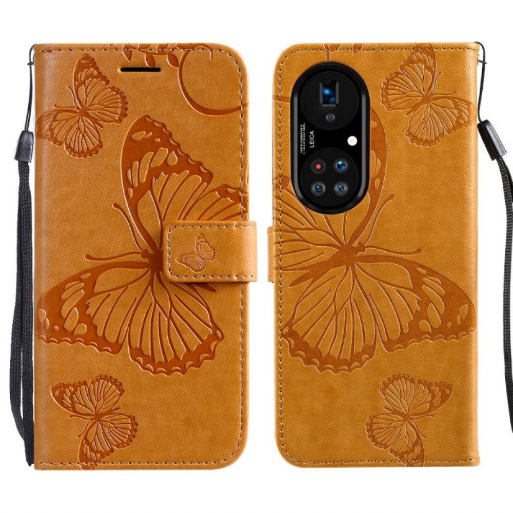 Folio-hoesje voor Huawei P50 Pro Met Ketting Reuzenvlinders Met Bandjes