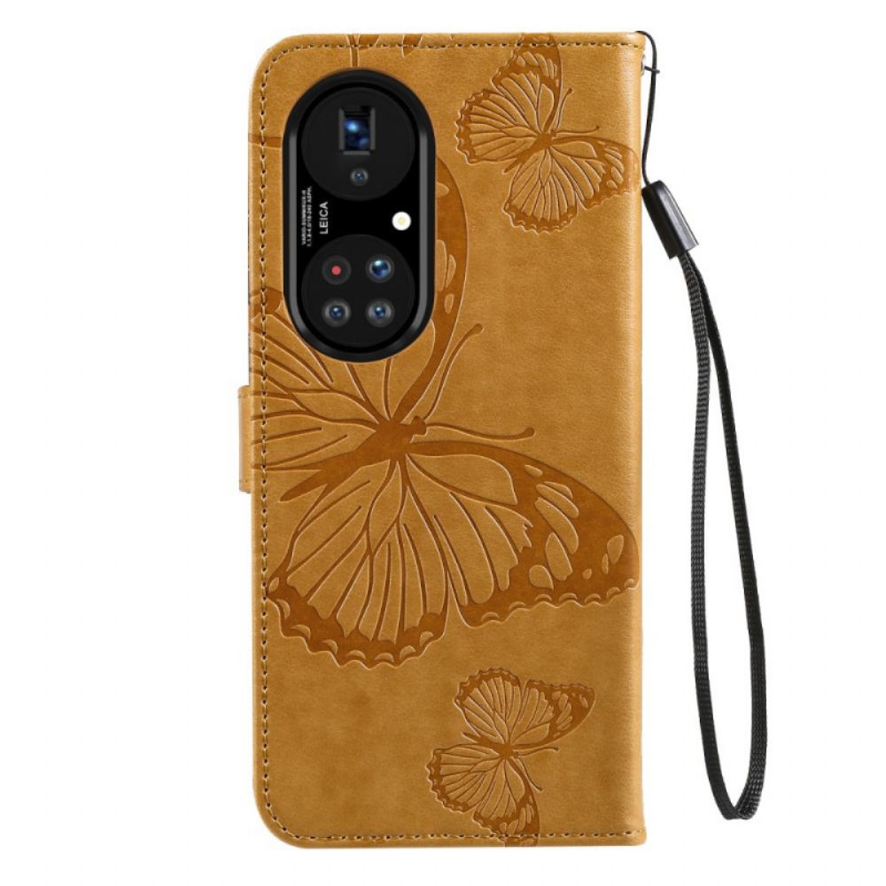Folio-hoesje voor Huawei P50 Pro Met Ketting Reuzenvlinders Met Bandjes