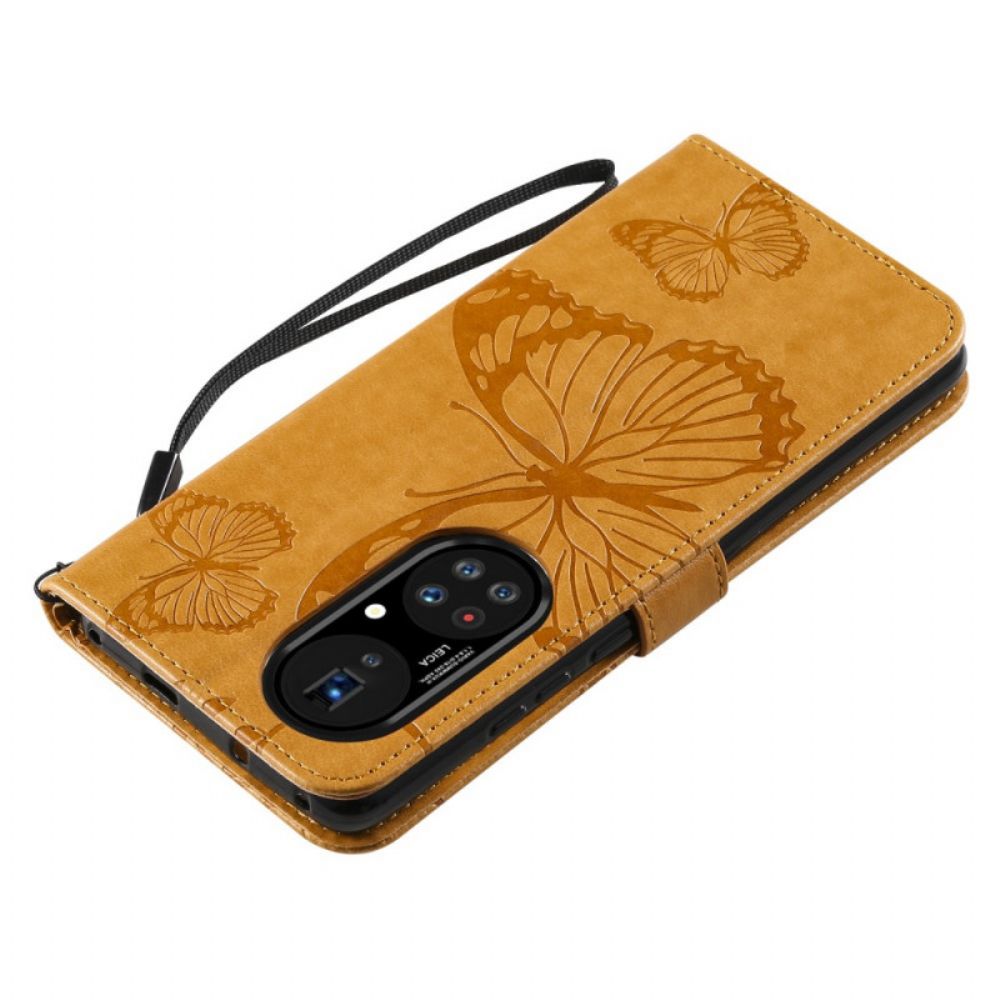 Folio-hoesje voor Huawei P50 Pro Met Ketting Reuzenvlinders Met Bandjes