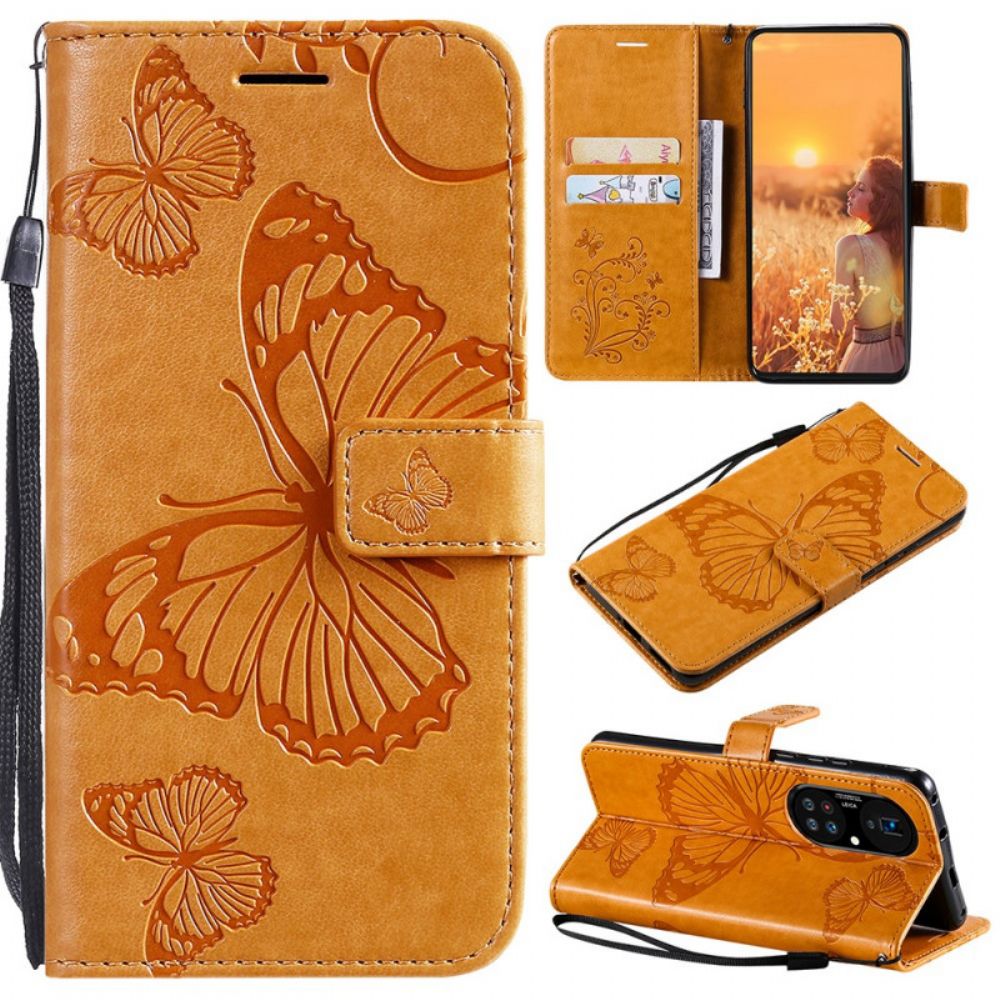 Folio-hoesje voor Huawei P50 Pro Met Ketting Reuzenvlinders Met Bandjes