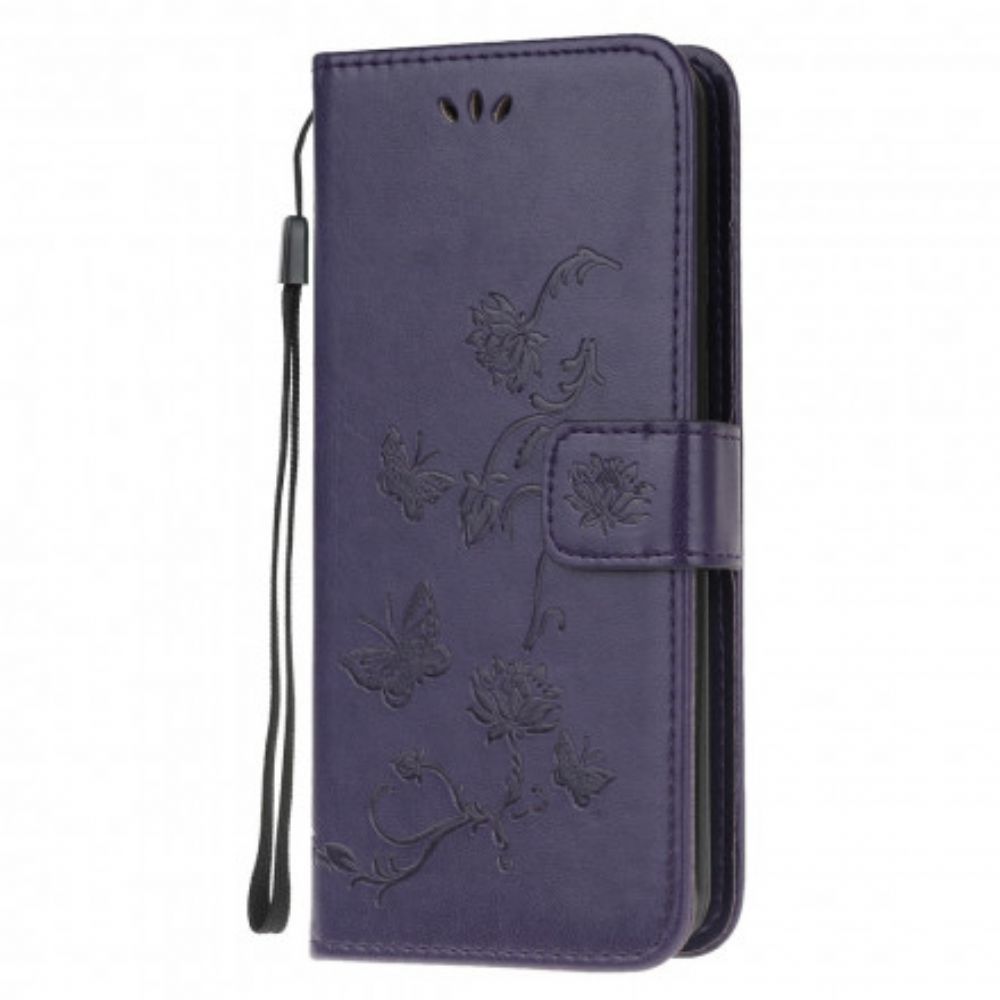 Flip Case voor Moto G100 Met Ketting Thong Vlinders En Bloemen