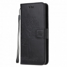 Leren Hoesje voor Moto G100 Met Ketting Boom En Uilen Met Bandjes