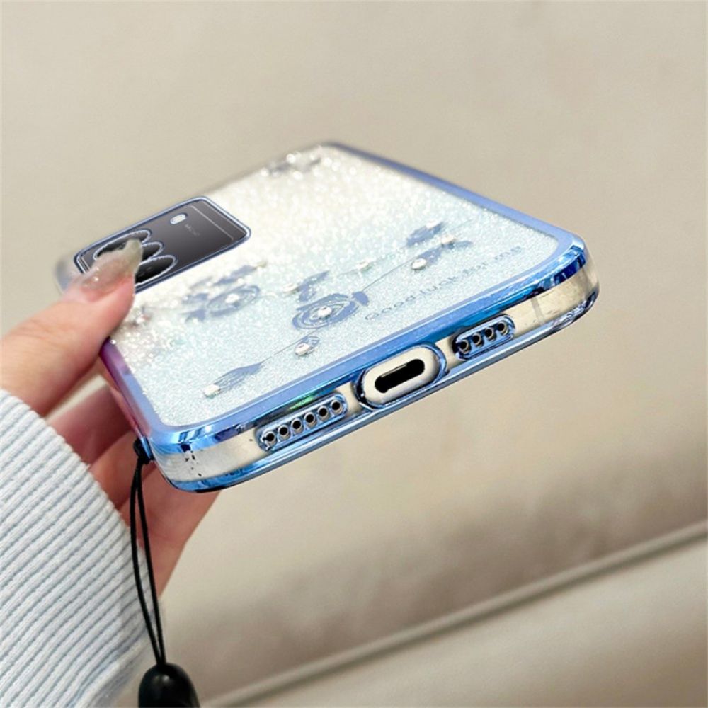 Cover Hoesje Realme 14x 5g Telefoonhoesje Kadem Bloemen En Strass-steentjes Met Sleutelkoord