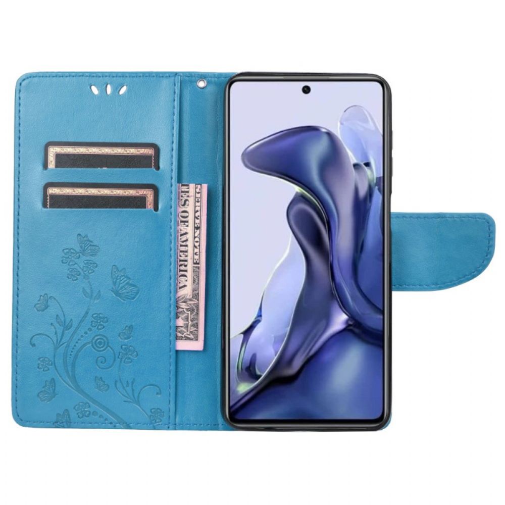 Leren Hoesje voor Poco X4 Pro 5G Met Ketting Thong Bloemen Vlinders
