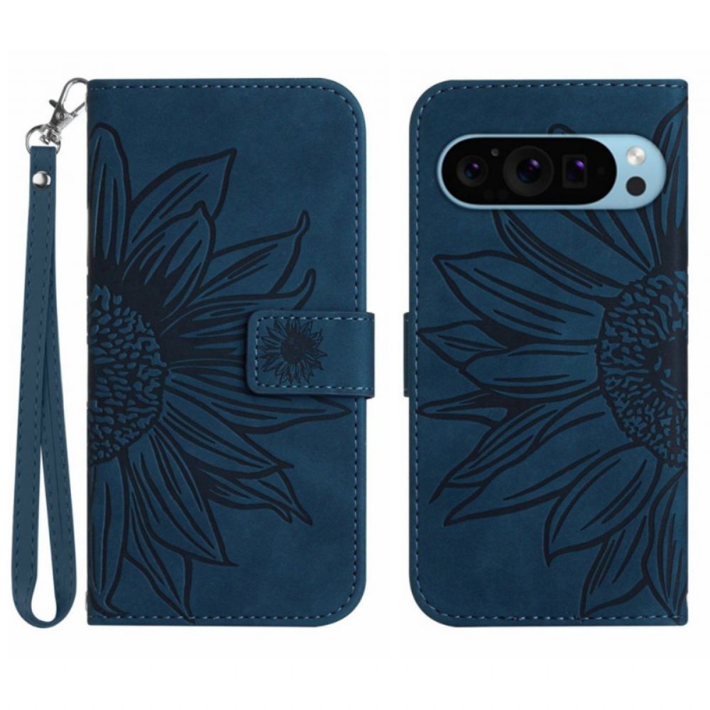 Leren Hoesje Google Pixel 9 Zonnebloem Met Riempje Bescherming Hoesje