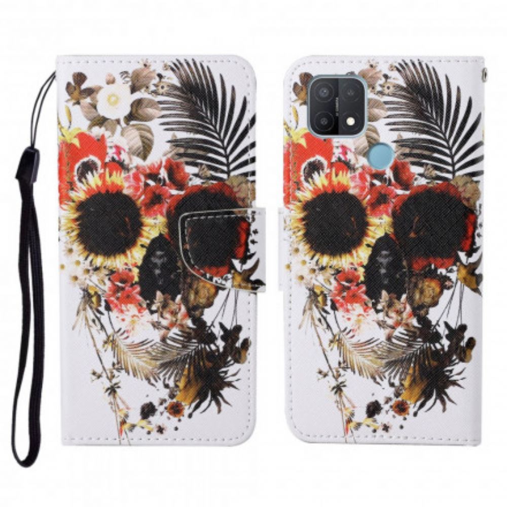 Leren Hoesje voor Oppo A15 Bloemrijke Schedel Met Koord