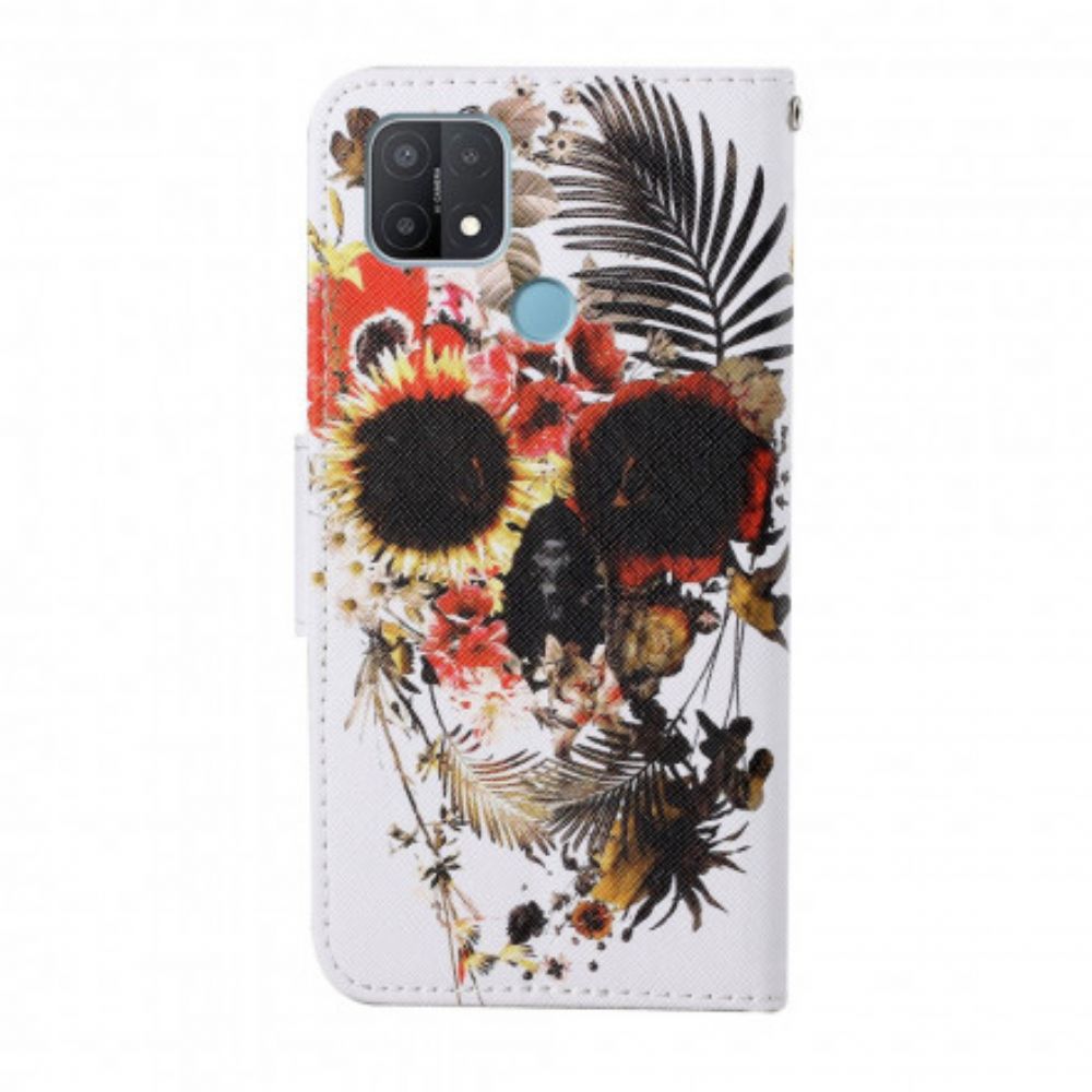 Leren Hoesje voor Oppo A15 Bloemrijke Schedel Met Koord