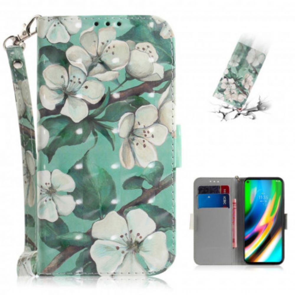 Flip Case voor Moto G9 Plus Met Ketting Thong Bloementak