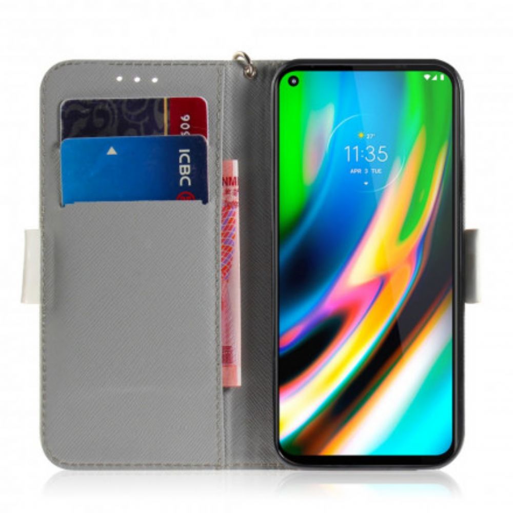 Flip Case voor Moto G9 Plus Met Ketting Thong Bloementak