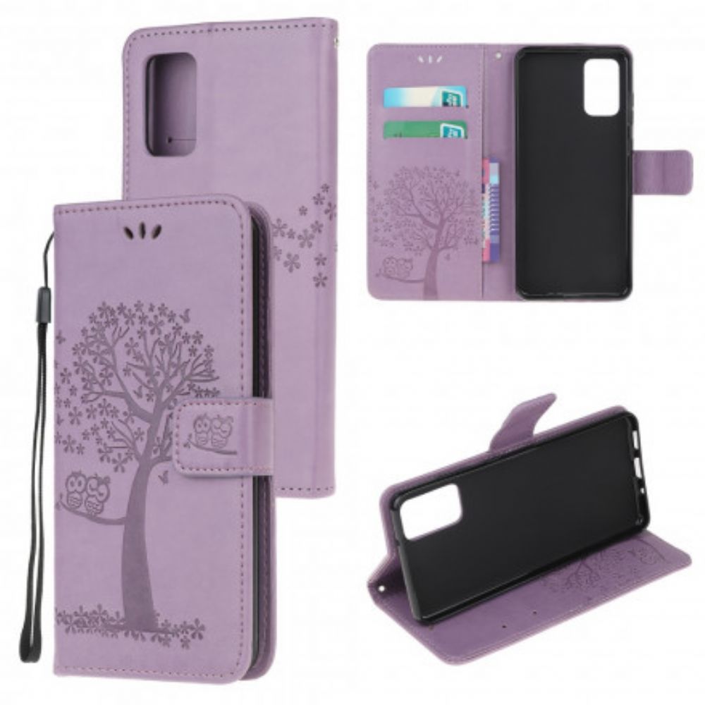 Leren Hoesje voor Moto G9 Plus Met Ketting Boom En Uilen Met Bandjes