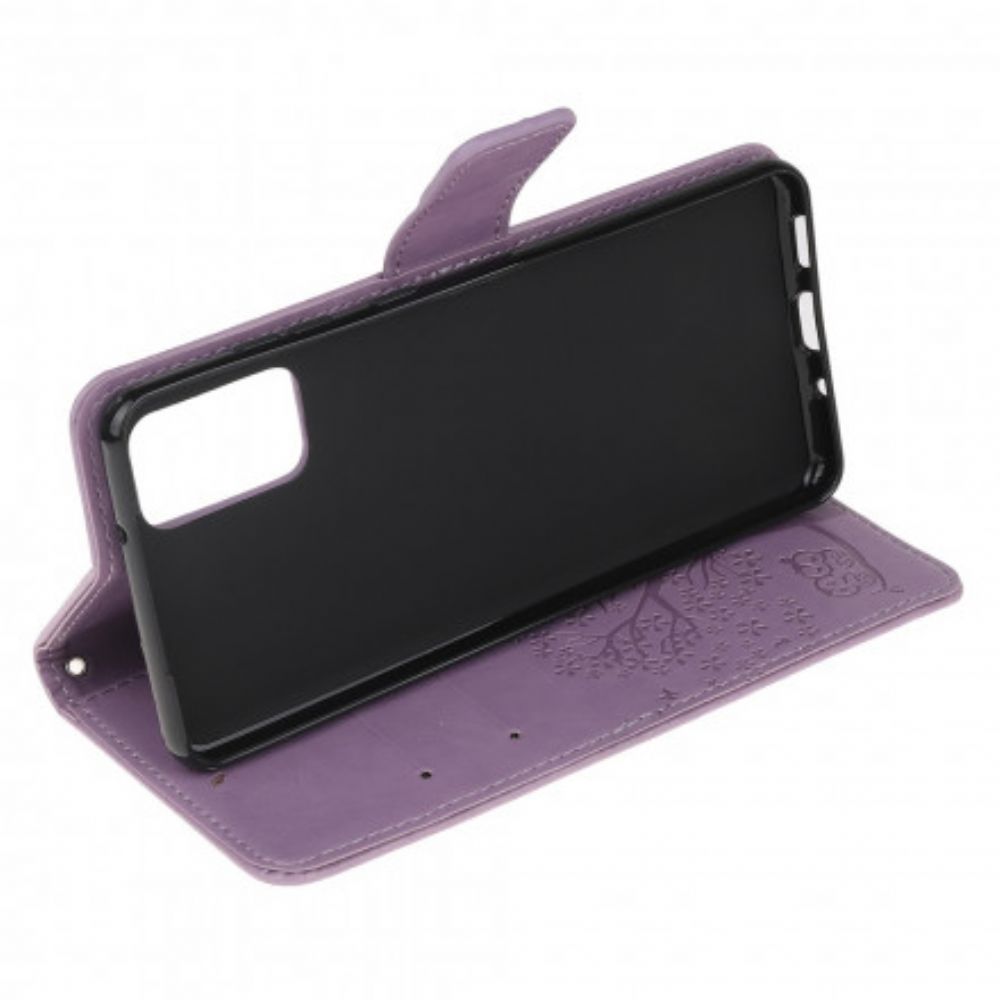Leren Hoesje voor Moto G9 Plus Met Ketting Boom En Uilen Met Bandjes