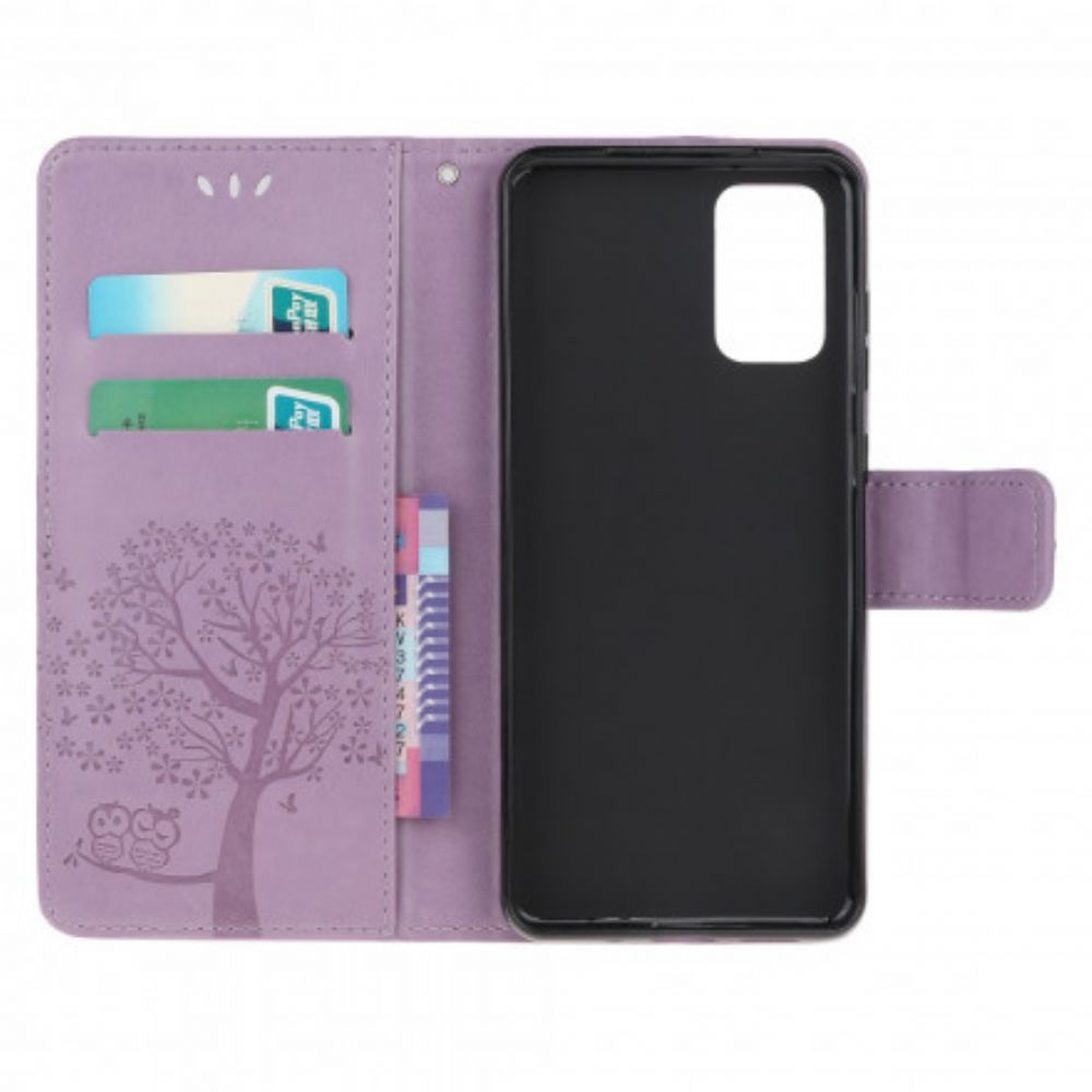 Leren Hoesje voor Moto G9 Plus Met Ketting Boom En Uilen Met Bandjes