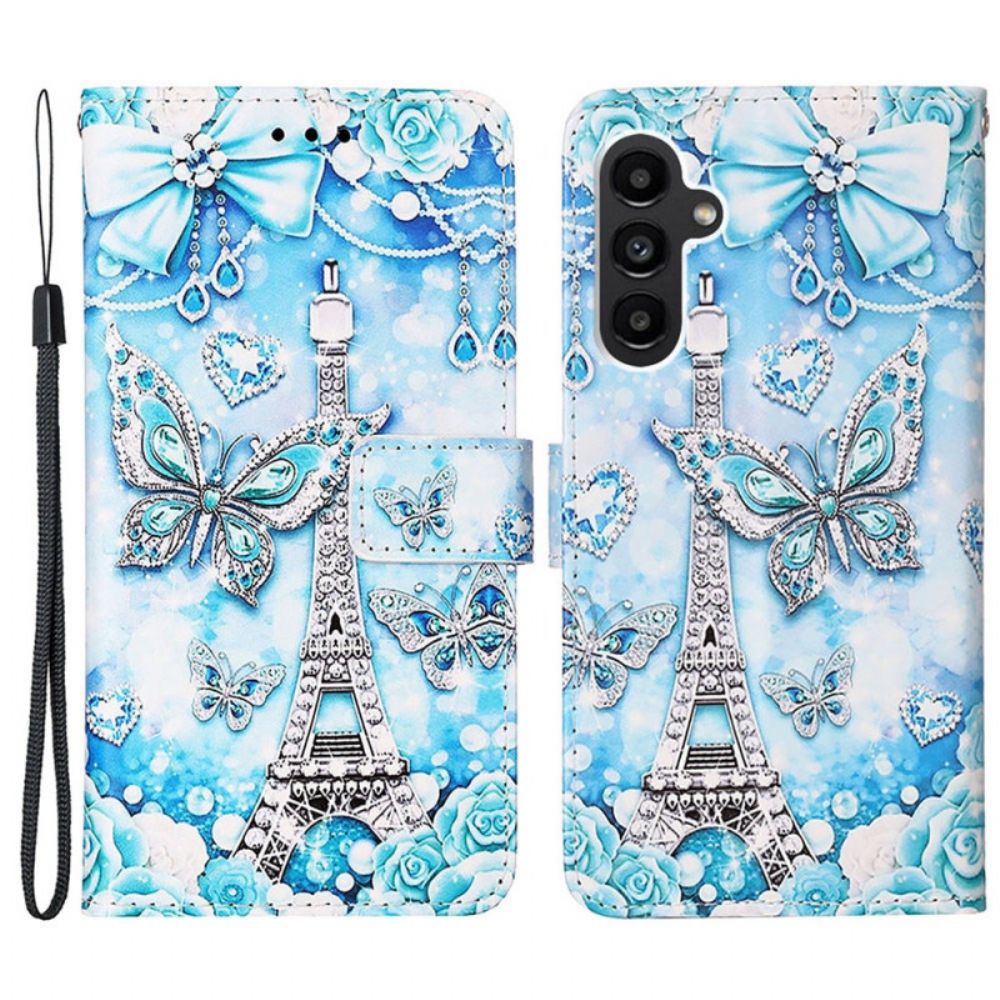 Leren Hoesje Samsung Galaxy A15 Eiffeltoren En Vlinders Met Riem Bescherming Hoesje