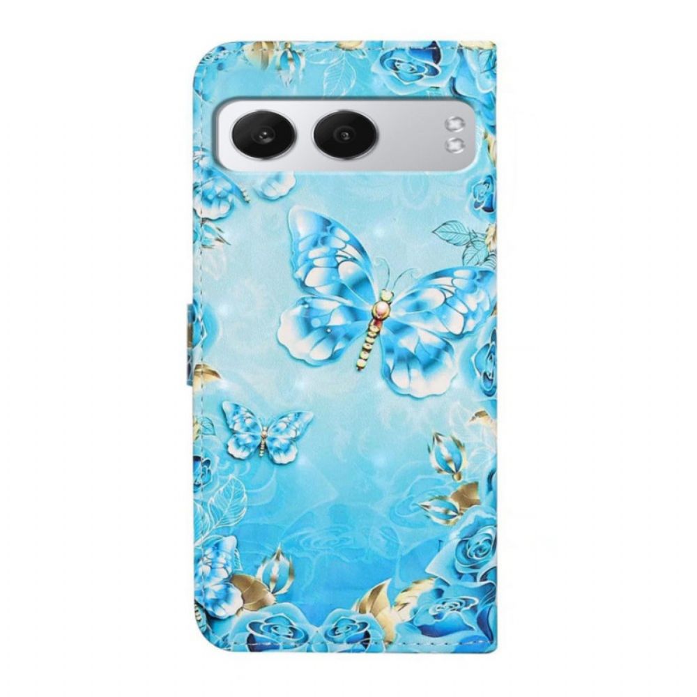 Leren Hoesje Oneplus Nord 4 3d-blauwe Vlinders Bescherming Hoesje
