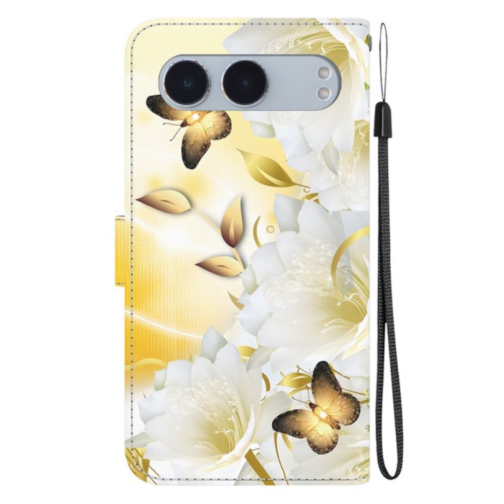 Leren Hoesje Oneplus Nord 4 Gouden Vlinders En Kantbloemen Bescherming Hoesje