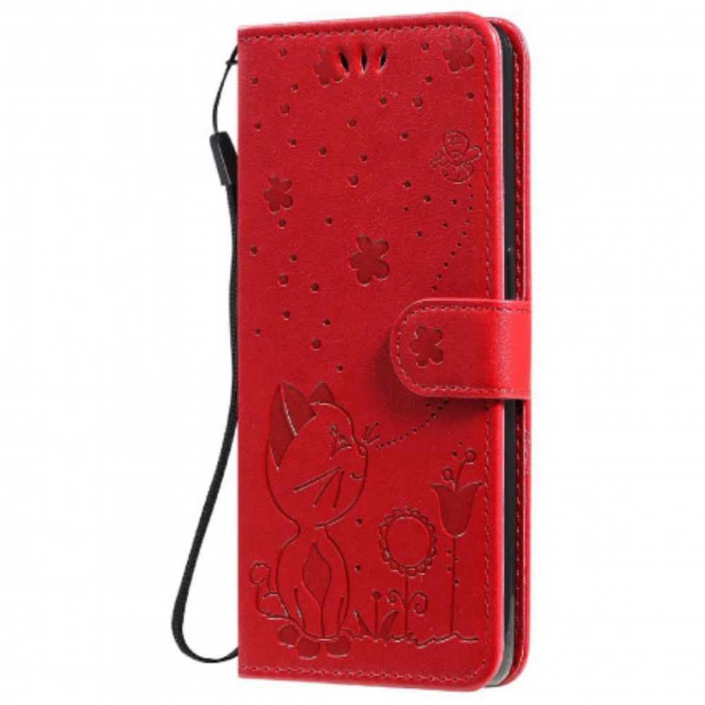 Leren Hoesje voor Oppo Reno 6 5G Met Ketting Kat En Bij Met Riem