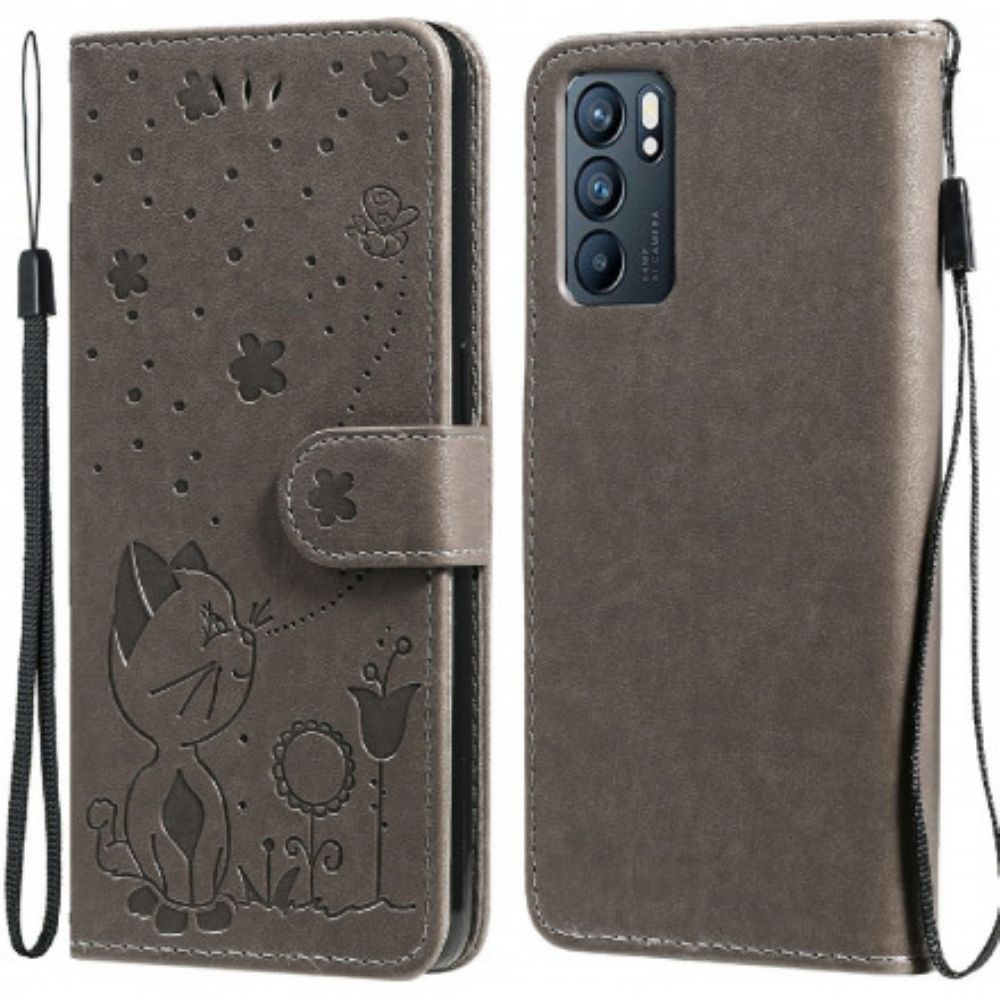Leren Hoesje voor Oppo Reno 6 5G Met Ketting Kat En Bij Met Riem