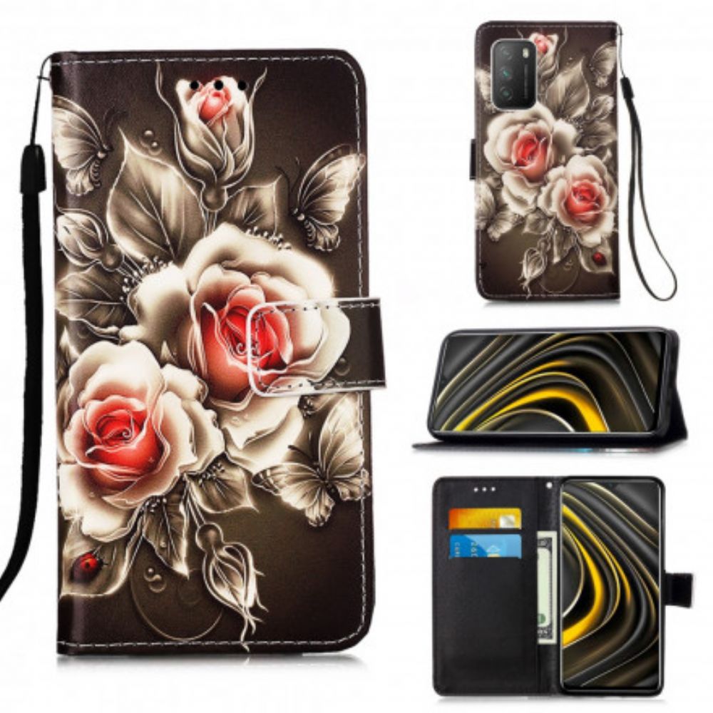 Folio-hoesje voor Poco M3 Met Ketting Zwarte Roos Met Riem