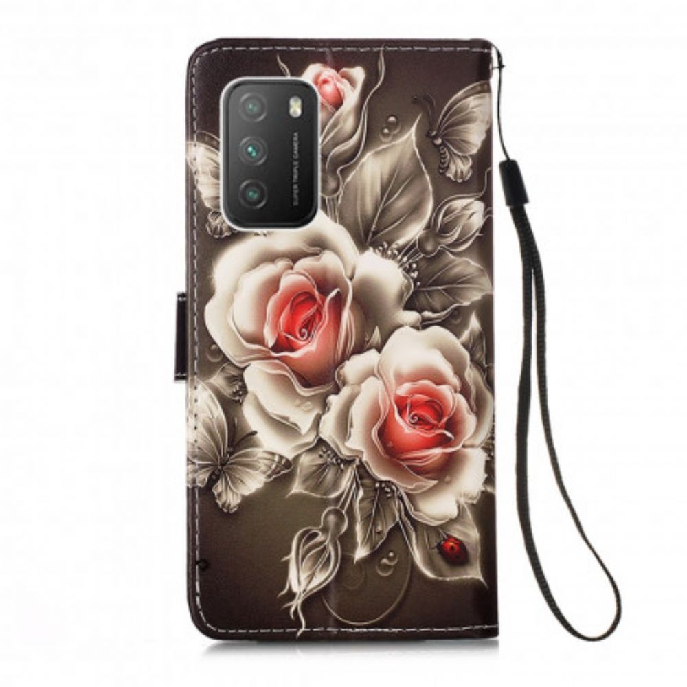 Folio-hoesje voor Poco M3 Met Ketting Zwarte Roos Met Riem