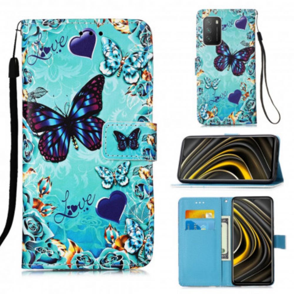 Leren Hoesje voor Poco M3 Met Ketting Liefde Vlinders Strappy